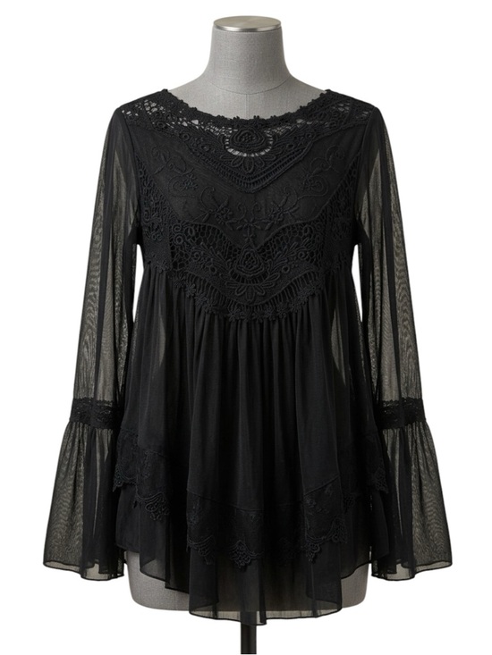 Altar'd State Tops - Altard State Black Boho Crochet Lace Bell Sleeve Fairycore Tunic Blouse Size S